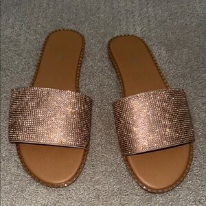Elegant Rhinestone Slide Sandals - Tan